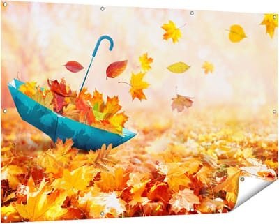 Gards Tuinposter Blauwe Paraplu in de Herfstbos met Bladeren - 150x100 cm - Tuindoek - Tuindecoratie - Wanddecoratie buiten - Tuinschilderij