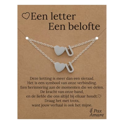 Letter U ketting + armband set op Cadeau Kaartje - Een letter, een belofte - Zilverkleurig Stainless Steel - Initiaal & Hartje Hanger - Pax Amare
