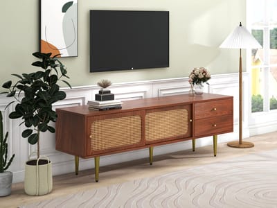 REDOM TV-meubel 160x40x60 cm van MDF-hout en kunststof-rattan, met schuifdeuren en lades, modern walnoot