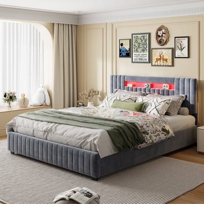 Gestoffeerd tweepersoonsbed 160 x 200, hydraulisch opbergbed met ledverlichting, bedframe met hoofdbord en lattenbodem, modern bed met rugleuning, functioneel bed, kinderbed, fluweel, zonder matras