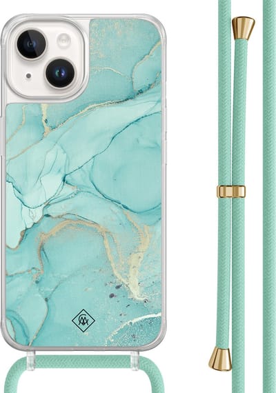 Casimoda® hoesje met mintgroen koord - Geschikt voor iPhone 14 - Marmer mint groen - Afneembaar koord - TPU/acryl - Mint