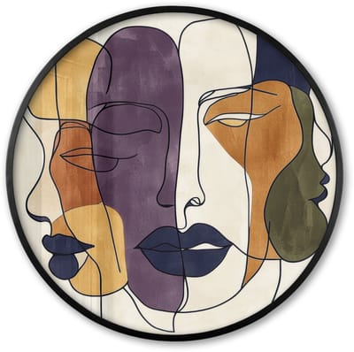 Poster in lijst Rond - Fotolijst 60x60 cm - Posters - Abstract - Overlappende gezichten - Paars - Donkergroen - Ronde posterlijst zwart - Decoratie - Wanddecoratie woonkamer - Muurdecoratie slaapkamer