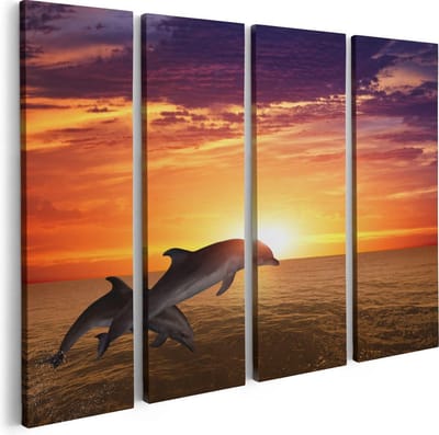 Artaza Canvas Schilderij Vierluik Twee Dolfijnen bij de Zonsondergang - 80x60 - Foto Op Canvas - Canvas Print