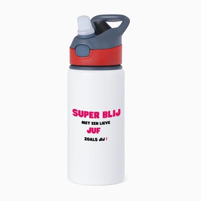 Hacebo® - super blij met een lieve juf zoals jij waterfles met rietje rood - Juf - leraressen - verjaardag - cadeautje voor juf - juf artikelen - kado - geschenk - collega's - water fles - 650ML