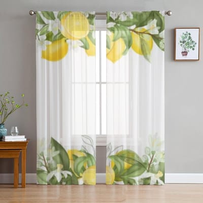 Citroenboom Takken Bloemen Chiffon Transparante Gordijnen Voor Woonkamer Slaapkamer Decoratie Raam Tule Gordijnen Drapes 135W x 114H(cm) white