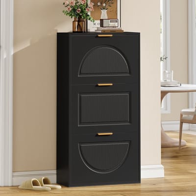 MODENUIT Schoenenkast - Smal Met 3 Kleppen - Voor Hal En Woonkamer - MDF En Spaanplaat - 60x24x114 Cm - Zwart