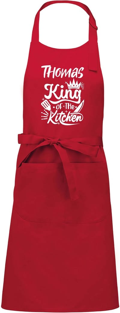 Keukenschort - Kookschort - Rood - (naam) King of the Kitchen - met voornaam naar keuze - 76 x 90 cm - Verjaardags cadeau - BBQ