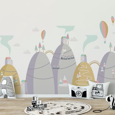 Scandinavische bergstickers met heteluchtballonnen bij de heuvels, 40 x 60 cm