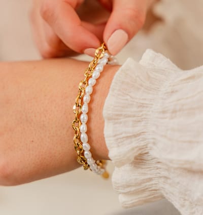 Dubbele armband met schakels en Parels | Stainless Steel Goud