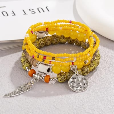 5-delige Boheemse Kleurrijke Rijstkorrel Armband Set Voor Vrouwen Eiffeltoren Vleugel Bedel Elastische Armband Vrouwelijke Zomer Vakantie Sieraden