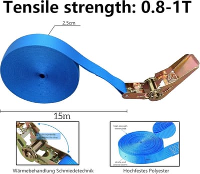 Ratelriemen - Spanbanden - Vastzetten lading - 1000 kg draagvermogen - 2 x 15 meter - Blauw