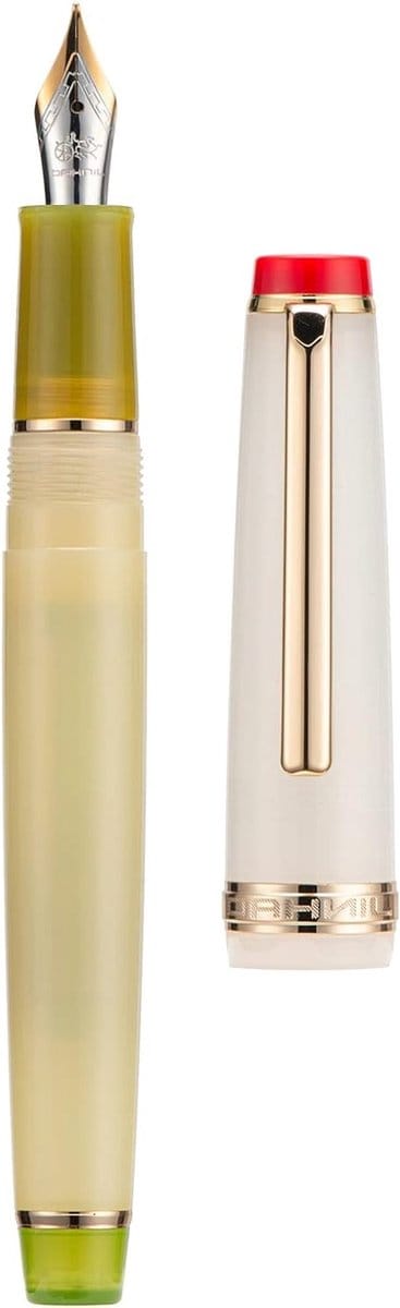 Stijlvolle vulpen met gouden rand, medium nib en transparante roze-blauwe penbuis met converter