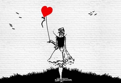 Fotobehang Brick Wall Heart Balloon Girl Graffiti  | XL - 208cm x 146cm | 130g/m2 Vlies