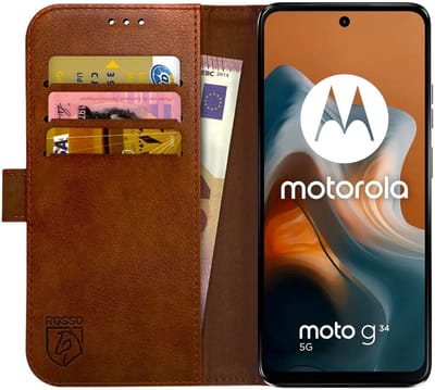 Rosso Element Book Case Wallet Hoesje Geschikt voor Motorola Moto G34 | Portemonnee | 3 Pasjes | Magneetsluiting | Stand Functie | Bruin