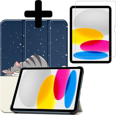 Hoes - Geschikt voor Apple iPad A16/A18 (2022/2025/2026) - 10.9 & 11 inch (10e, 11e & 12e generatie) - Met Screenprotector - Trifold Bookcase - Hard Cover - Hardcover Book Case - Tablet Hoesje - Kat