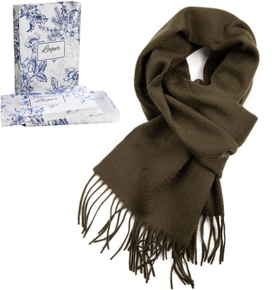 100% Cashmere Sjaal Dames - Zachte Kasjmier Wintersjaal in Chique Geschenkverpakking - Premium Kwaliteit met Waterrimpel Glans - Warm & Stijlvol - Verjaardag Cadeau voor Vrouwen - olijfgroen
