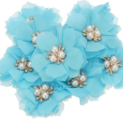 Chiffon Bloemen - Stoffen Applicaties - DIY Ambachten - Versierd met Parels - 10 Stuks - Meerblauw