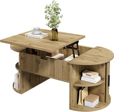 Salontafel Verstelbaar - Bijzettafel Woonkamer - Werk en Ontspanning - Ovale Vorm Schuifdeuren - 100 x 50 cm - Eikenlook