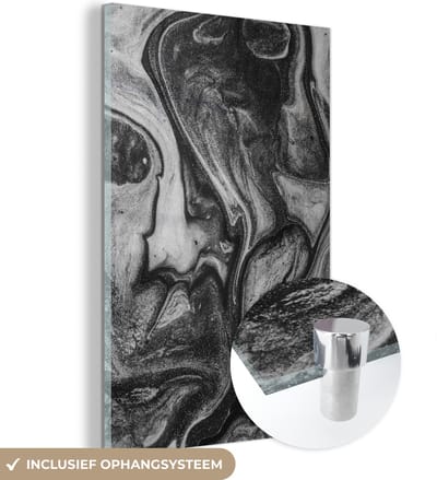 Glasschilderij zwart wit - Zwart - Graniet - Wit - Steen - 120x180 cm - Schilderij glas - Woonkamer decoratie