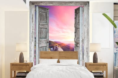 Behang - Fotobehang Bergen - Landschap - Doorkijk - Bloemen - Breedte 175 cm x hoogte 240 cm