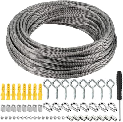 Roestvrijstalen kabel 36 m, 2 mm met aluminium sleeves, draadklem en M2, ideaal voor klimhulp, waslijn en tuinprojecten