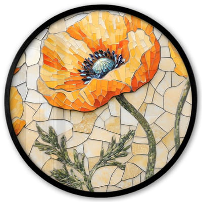 Poster in lijst Rond - Fotolijst 40x40 cm - Posters - Klaprozen - Oranje - Mozaïek - Bladeren - Ronde posterlijst zwart - Decoratie - Wanddecoratie woonkamer - Muurdecoratie slaapkamer