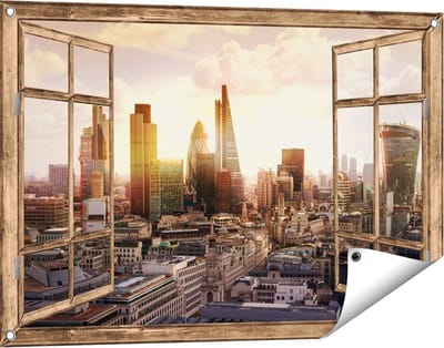 Gards Tuinposter Doorkijk Londen bij Zonsondergang in een Moderne Wijk - 90x60 cm - Tuindoek - Tuindecoratie - Wanddecoratie buiten - Tuinschilderij