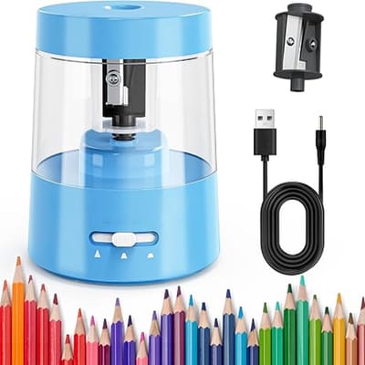 KZQ Elektrische puntenslijper - Batterij en USB oplaadbaar - Tungsten staal voor snel en precies slijpen - Geschikt voor kleurpotloden en schoolgebruik - Blauw