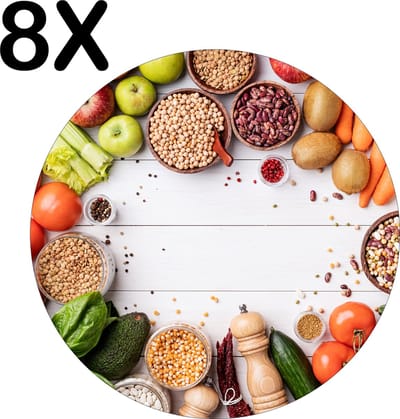Luxe Ronde Placemat - Compositie van Groente en Fruit - Set van 8 Placemats - 50x50 cm - 2 mm dik Vinyl - Anti Slip - Afneembaar