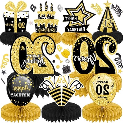 10x Tafeldecoratie Honingraat Middenstukken 20 Jaar Verjaardag - Feestdecoratie Zwart Goud
