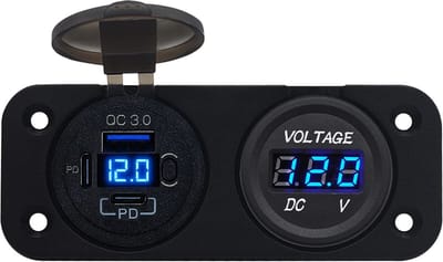 ProRide 12V USB C Stopcontact 3 Poorten Inbouw met Schakelaar/Voltmeter - QC3.0 - Tweevoudig inbouw paneel - Blauw