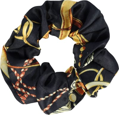 Haarsoires Haarelastiek Scrunchie – Kettingprint – Satijnlook – Zwart - Haarkrinkel - Haar Elastiek met Stof - Zacht & Haarvriendelijk