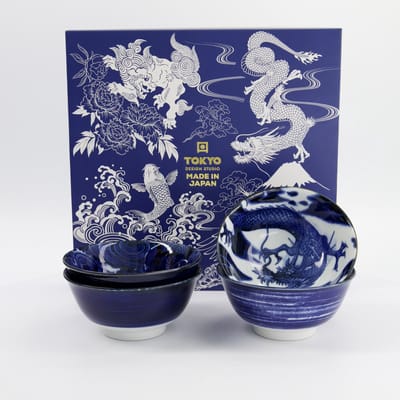 Tokyo Design Studio – Japonism Tayo Kommen Set – 4 Stuks – 550 ml – 14.7 x 6.9 cm – Blauw/Wit – Geschenkdoos
