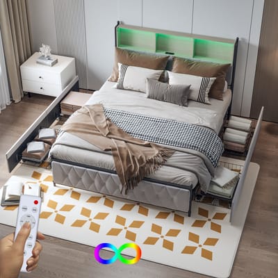 160x200cm beige fluwelen ladebed | LED-kleurenlicht hoofdeinde + USB/Type-C oplaadpunten, 4 lades