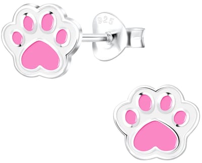 Joy|S - Zilveren kat hond dierenpoot oorbellen - poot afdruk - roze wit - 7 x 6 mm