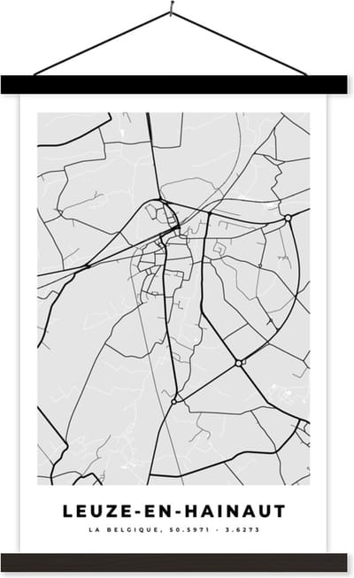 Posterhanger incl. Poster 40x60 cm - Schoolplaat - Plattegrond – Leuze en Hainaut – Zwart Wit – Stadskaart - Kaart - Textielposter - Zwarte latten - Stadskaart