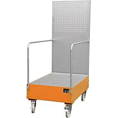 Verrijdbare lekbak met geperforeerde plaatwand, van staal, capaciteit 2 x 200 liter vaten, oranje gelakt