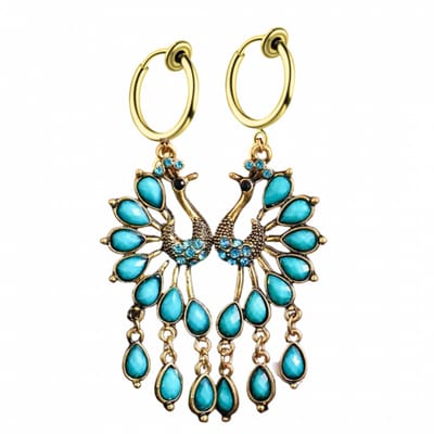 Klem oorbellen - pauw - turquoise - goudkleurig - geen gaatje- Charme Bijoux