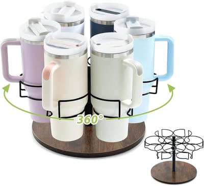 Famanu – Draaibare bekerhouder met houten basis, flessen- en bekerorganizer voor keuken en aanrecht