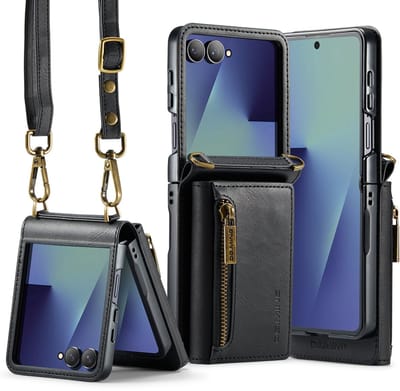 Stravo × DG.MING Veelzijdige leren case hoesje – Geschikt voor Samsung Galaxy Z Flip 7 – Luxe lederen telefoonhoesje met vaste kaarthouder & verstelbare schouderriem – Leer case – Stijlvol & duurzaam – Zwart