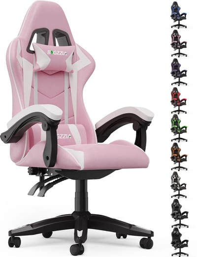 Bigzzia Gamingstoel - Ergonomische bureaustoel van PU-leer - In hoogte verstelbaar - Met lendenkussen en hoofdsteun - Comfortabele gamestoel voor volwassenen - Meisjes en jongens