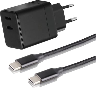 USB C Adapter - Snellader Geschikt voor Samsung Telefoon en Tablet - USB C naar USB C Kabel - Nylon Gevlochten - 1 Meter - Oplaadkabel - GaN Oplader - USB C + USB C - 35W Vermogen - Incl. USB C Kabel - Stekkerblok - Zwart