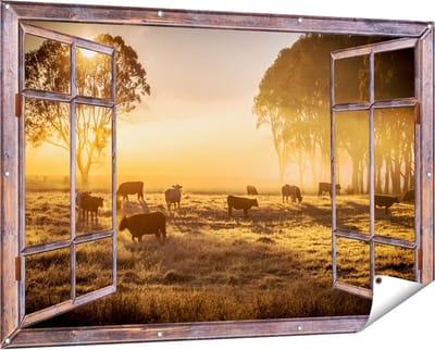 Gards Tuinposter Doorkijk Kudde Koeien in de Wei met Zonsopkomst - 150x100 cm - Tuindoek - Tuindecoratie - Wanddecoratie buiten - Tuinschilderij