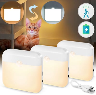 Rosnek 3 Stuks Oplaadbare Draadloze Nachtlamp met Bewegingssensor - 2 Lichtkleuren (Warm Wit/Wit) - Dag & Nacht Sensor - Magnetisch & Plakbaar - Voor Kast, Trap, Slaapkamer