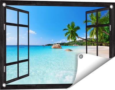 Gards Tuinposter Doorkijk Tropisch Strand en Zee - 60x40 cm - Tuindoek - Tuindecoratie - Wanddecoratie buiten - Tuinschilderij