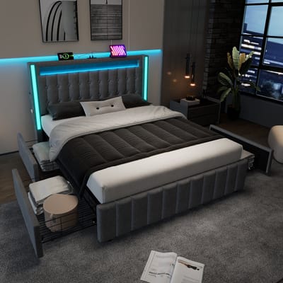 Gestoffeerd bed 140x200 cm - met USB Type-C oplaadfunctie - met LED-verlichting en 4 lades - grijs - zonder matras
