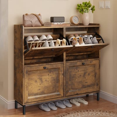 Xbro Schoenenkast met 4 Klapdeuren – Dubbele Diepte – Modern Schoenenrek met Bovenplank – Voor Hal & Slaapkamer – 99 x 24 x 91 cm – Vintage