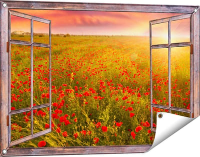 Gards Tuinposter Doorkijk Rode Klaproos Bloemenveld - Zonsondergang - 90x60 cm - Tuindoek - Tuindecoratie - Wanddecoratie buiten - Tuinschilderij