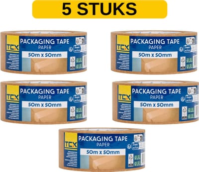 TCX papieren verpakkingstape - Bruin - 5 stuks - 50m x 50mm - Vepakken - Inpakken - Plakken - Papier - Recyclebaar
