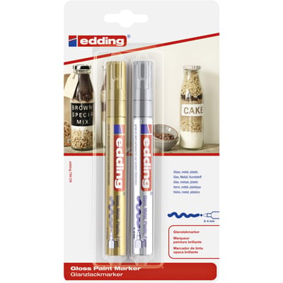 edding 750/2 lakmarker - 2 stuks - goud, zilver - ronde punt 2-4mm - verfstift voor markeren en labelen van metaal, glass, steen of plastic - permanent, veegvast en watervast